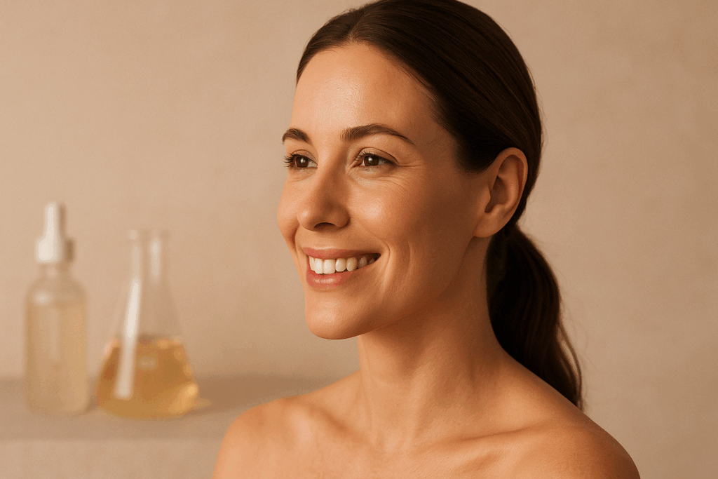 Smiling woman in her 30s with smooth, glowing skin, showcasing the benefits of how to use Retin-A cream for healthy, youthful skin