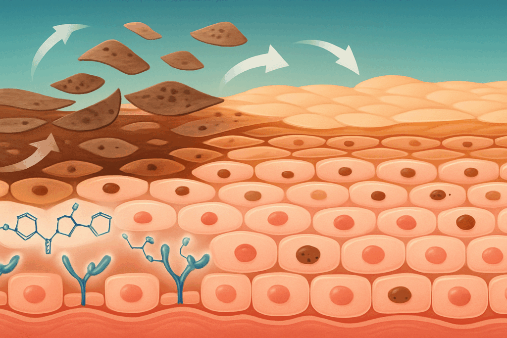 Alt text: "Cross-sectional view of skin showing Retin-A cream molecules interacting with skin cells, shedding pigmented cells and promoting cellular turnover for healthier skin, illustrating how to use Retin-A cream