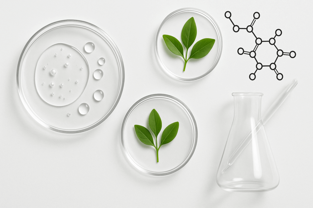 Flat lay of wrinkle filler makeup ingredients like hyaluronic acid droplets, peptides, and botanical extracts in lab glassware on a white background