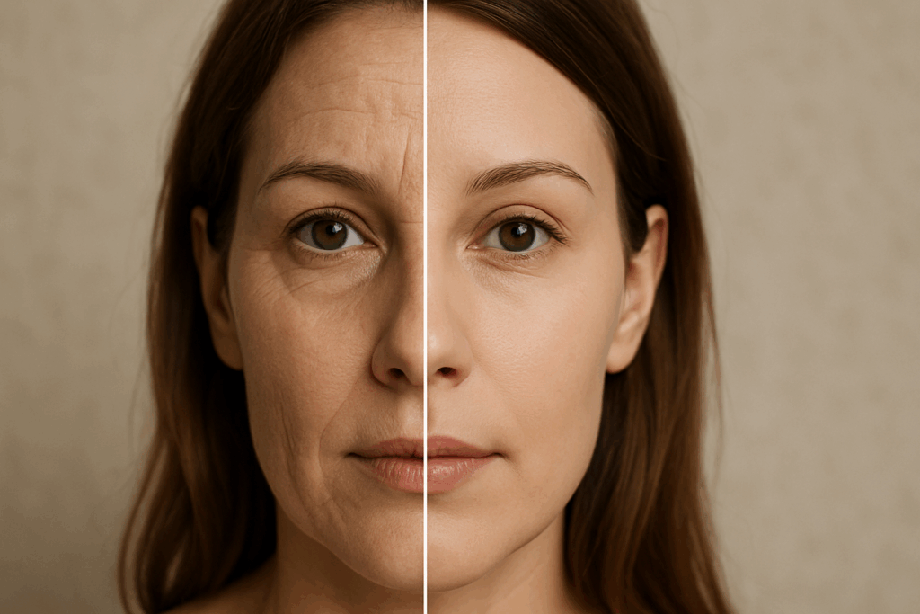 Split-face of a woman showing natural fine lines on one side and smoother skin enhanced with wrinkle filler makeup on the other