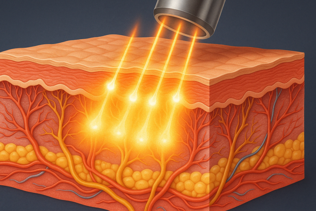Cross-sectional anatomical illustration showing how laser skin tightening procedures use thermal energy to stimulate collagen and elastin production in the dermal and subdermal layers.