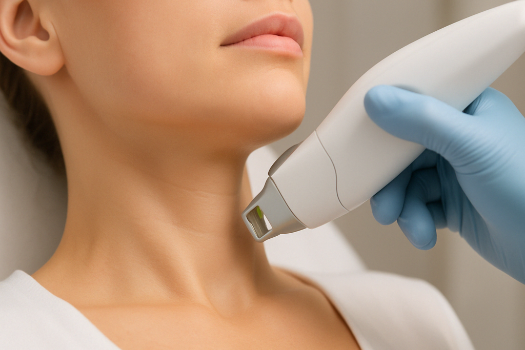 Clinician performing laser skin tightening procedures on a woman’s neck and jawline using a non-invasive medical device.