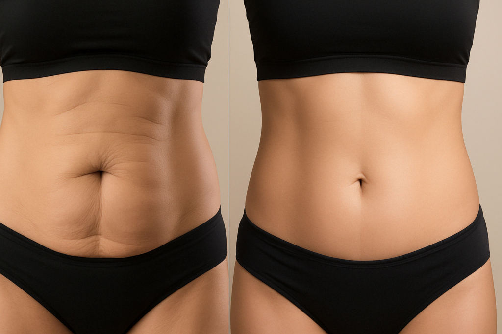 Before and after comparison of a woman’s abdomen showing firmer skin and improved contour following multiple laser skin tightening procedures