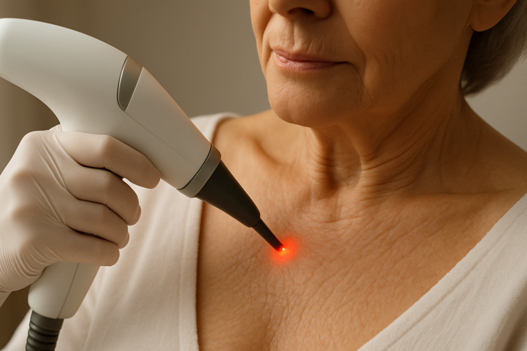 Close-up of laser skin tightening procedures on the décolletage of an older woman with crepey skin, showing treatment in progress