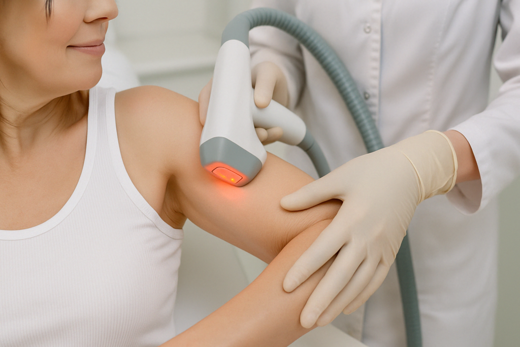 Clinician performing laser skin tightening procedures on a woman’s upper arm in a medical setting