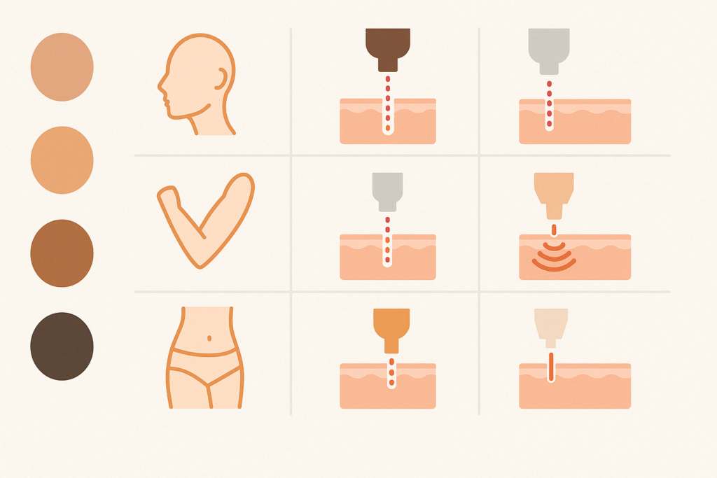 Infographic comparing laser skin tightening procedures across different skin tones and body areas using symbolic icons for treatment personalization.