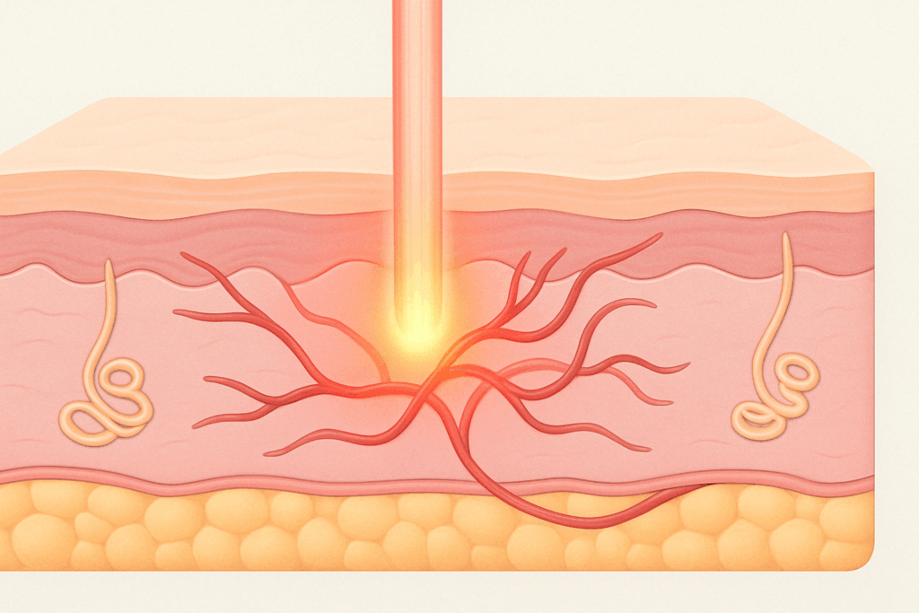 Cross-sectional medical illustration of laser treatment for redness on face, showing laser light targeting red facial blood vessels beneath the skin.