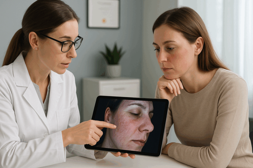 Dermatologist showing facial scan to patient during consultation for laser treatment for redness on face