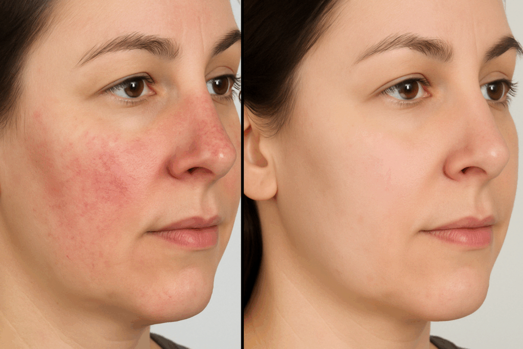 Before and after results of laser treatment for redness on face, showing visible reduction in facial redness and clearer skin tone.