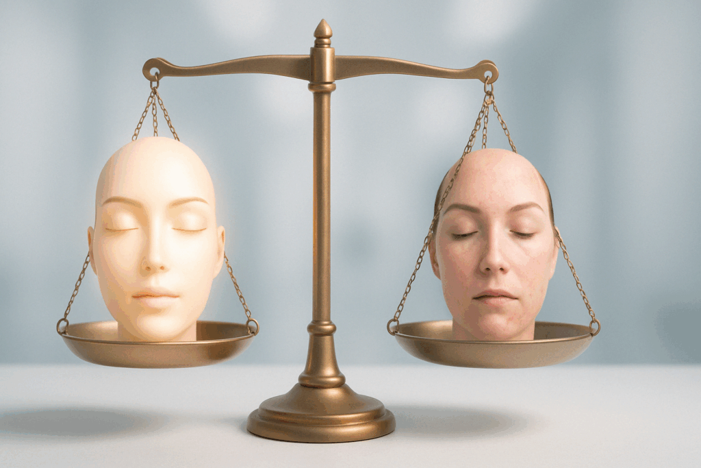 Balanced scale comparing outcomes of laser treatment for redness on face, with one side showing smooth skin and the other mild irritation.