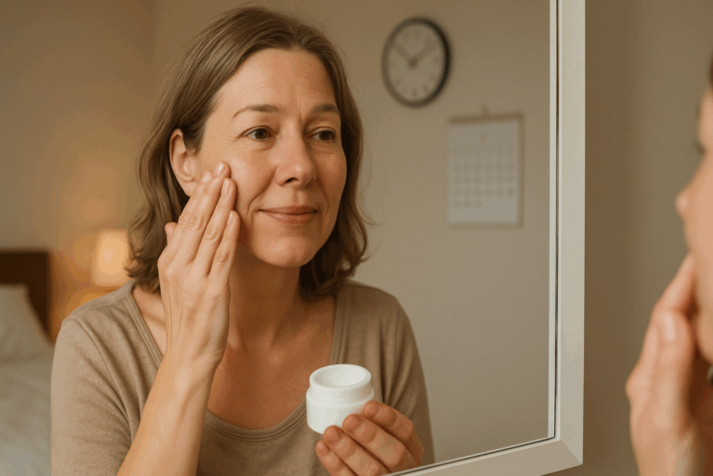Middle-aged woman applying facial cream in front of a mirror with a clock and calendar in the background, illustrating long-term skin care use for neutrogena retinol regenerating cream reviews.