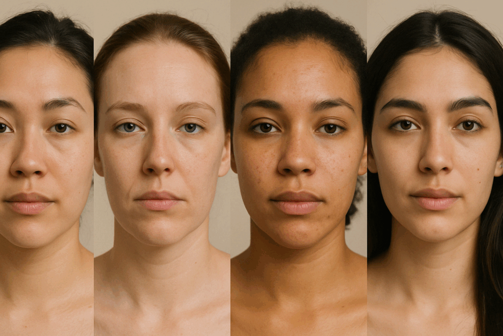 Four diverse women with different skin types under even lighting, reflecting natural skin texture for context in neutrogena retinol regenerating cream reviews