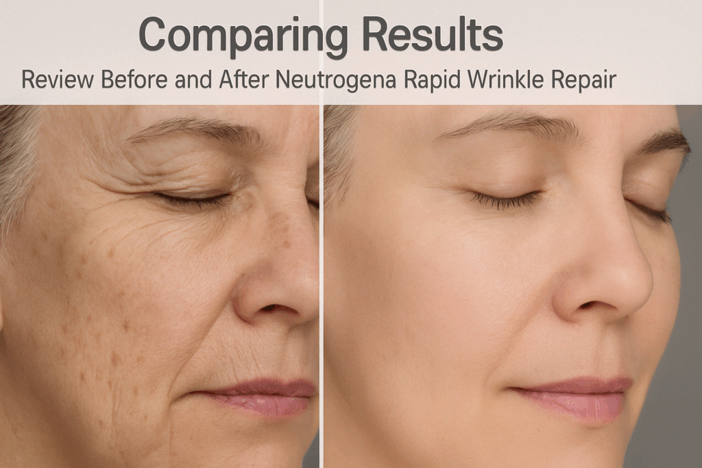 Side-by-side skin transformation showing wrinkle reduction and brighter tone over time, created for neutrogena retinol regenerating cream reviews.