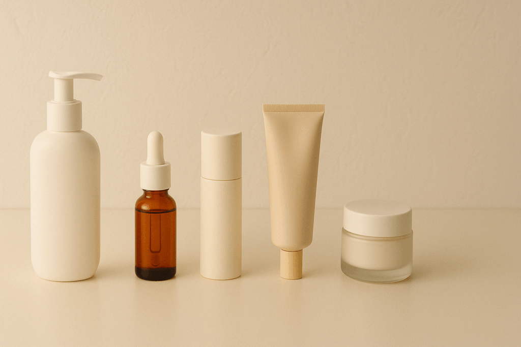 Skincare routine layout with cleanser, serum, SPF moisturizer, retinol cream, and night cream displayed in order on a soft-lit counter, supporting neutrogena retinol regenerating cream reviews.