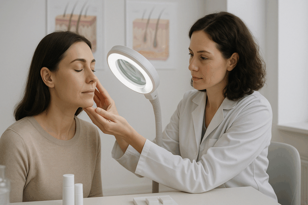 Dermatologist examining patient’s skin with magnifying lamp during consultation, illustrating insights from neutrogena retinol regenerating cream reviews