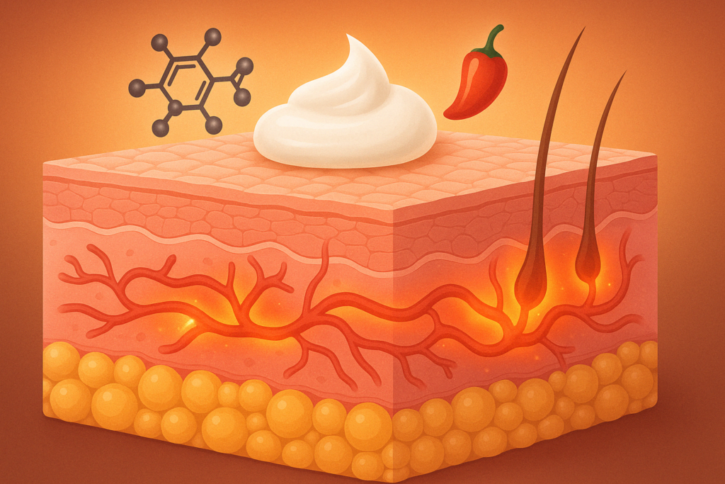 Cross-section illustration showing how the best ab cream penetrates skin layers, with thermogenic effects near blood vessels and ingredients like caffeine and chili extract