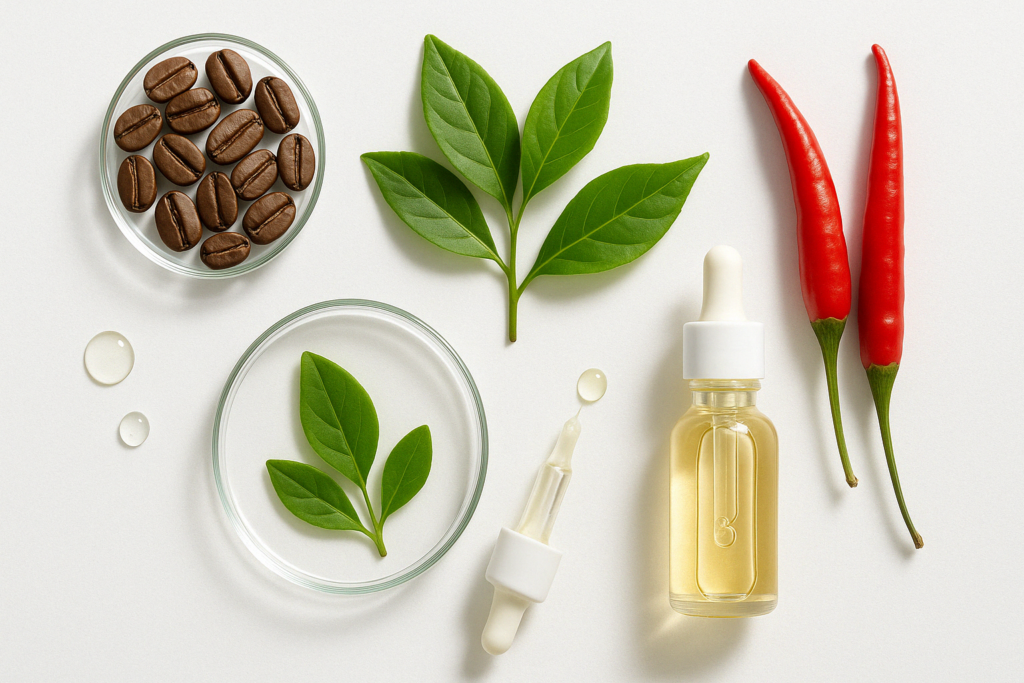 Natural ingredients in the best ab cream, including caffeine beans, green tea leaves, chili peppers, retinol serum, and botanical extracts in a lab-style flat lay