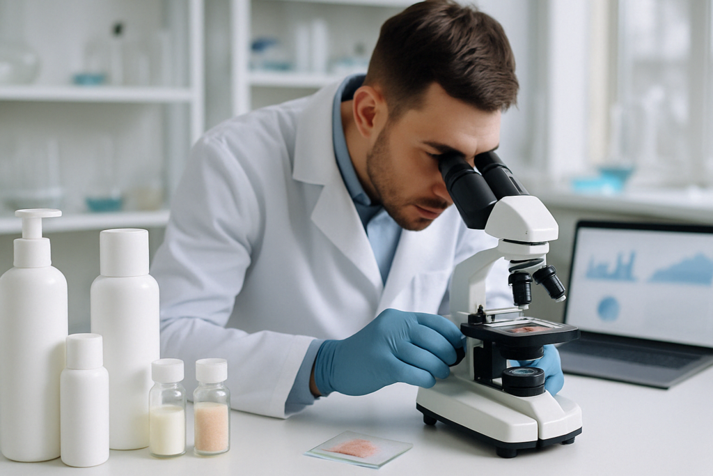 Scientist examining skin samples under a microscope in a lab with bottles of best ab cream and ingredient vials on the table.