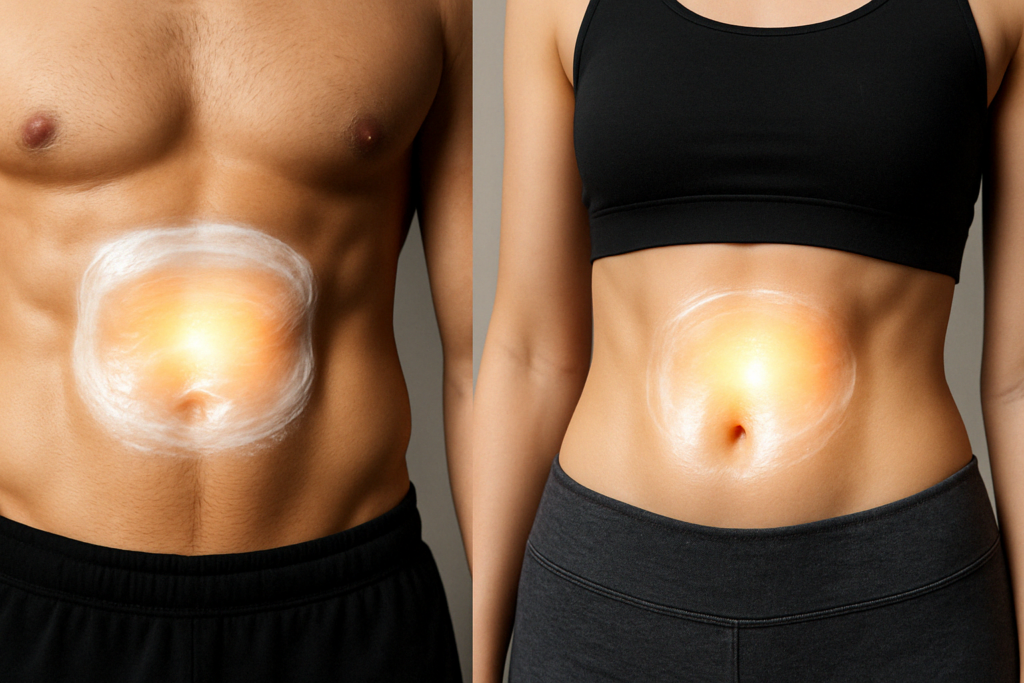 Toned male and female torsos in athletic wear with glowing cream applied to abs, illustrating gender-targeted use of best ab cream.