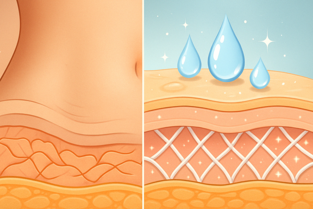 Cross-section diagram comparing skin before and after using the best ab cream, showing dry, loose skin on the left and firm, hydrated skin with collagen structure on the right.