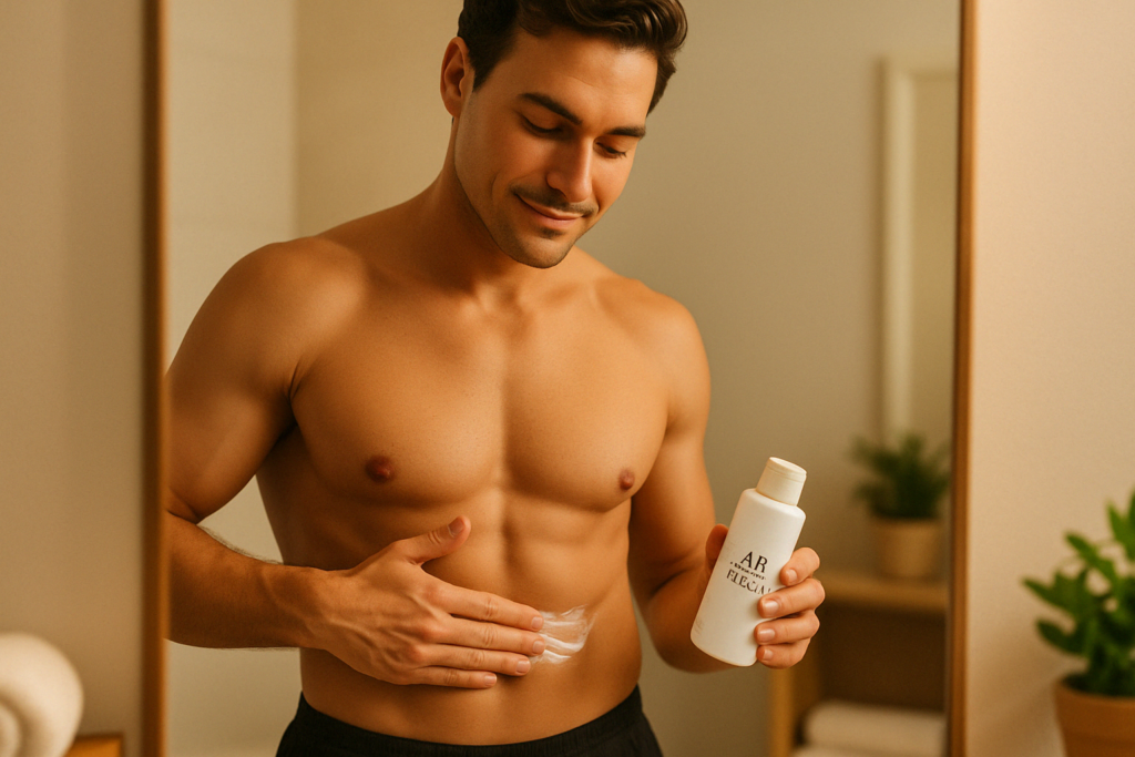 Man applying the best ab cream to toned abs in a warm-lit bathroom, reflecting self-care and body confidence.