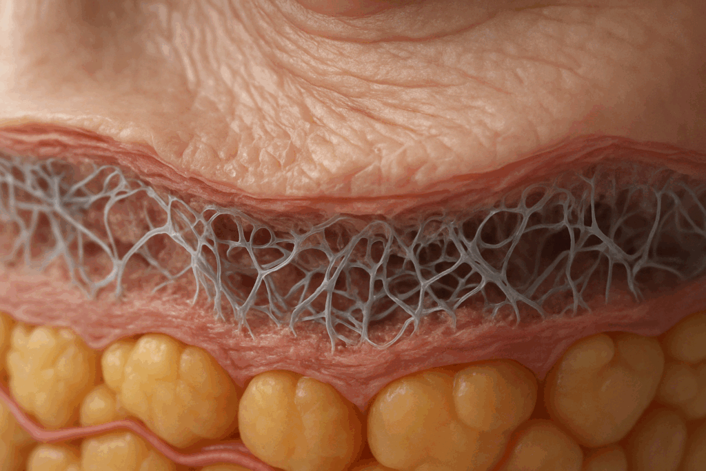 3D rendering of under-eye skin layers showing collagen and elastin breakdown, visualizing targets for the best laser to tighten under eye skin