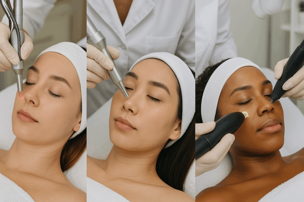 Three diverse women receiving different laser treatments in a clinic, showcasing the best laser to tighten under eye skin for various skin tones.