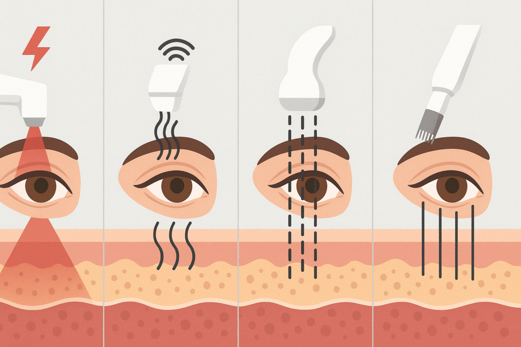 Infographic comparing non-invasive under-eye treatments including the best laser to tighten under eye skin, RF therapy, ultrasound, and microneedling by skin penetration depth