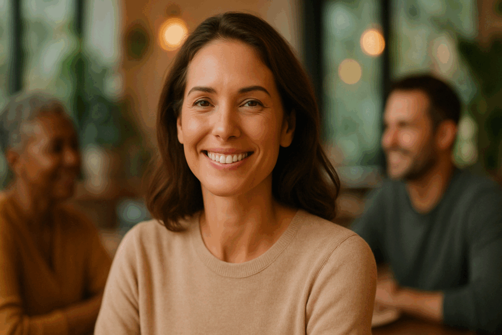 Confident woman with smooth under-eye skin smiling in a cozy café setting, reflecting results from the best laser to tighten under eye skin
