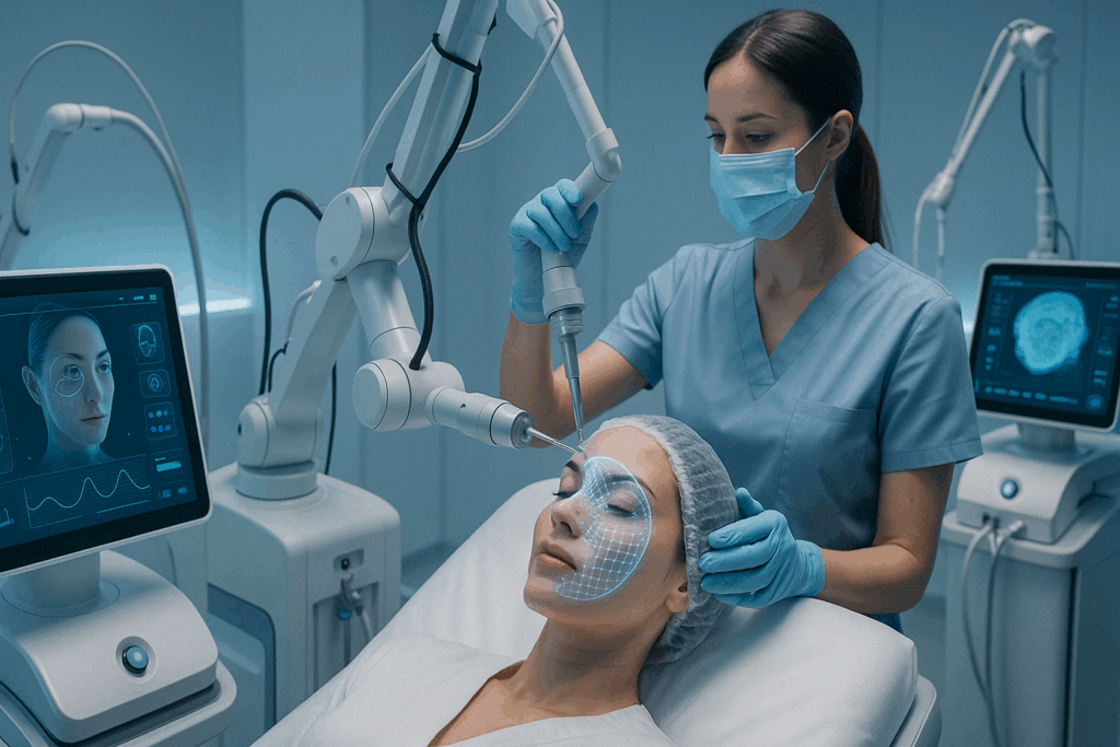Technician using the best laser to tighten under eye skin in a high-tech clinic with facial mapping and robotic precision.