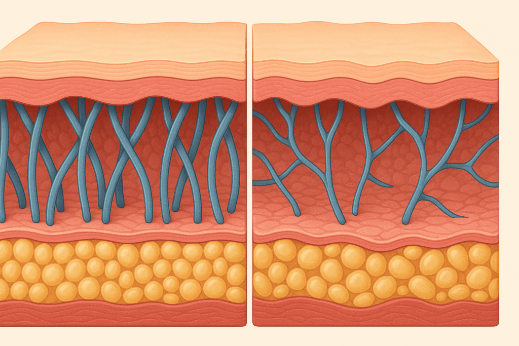 Cross-sectional illustration of skin layers showing healthy collagen and elastin fibers versus deteriorated ones, aiding in understanding and preventing facial sagging