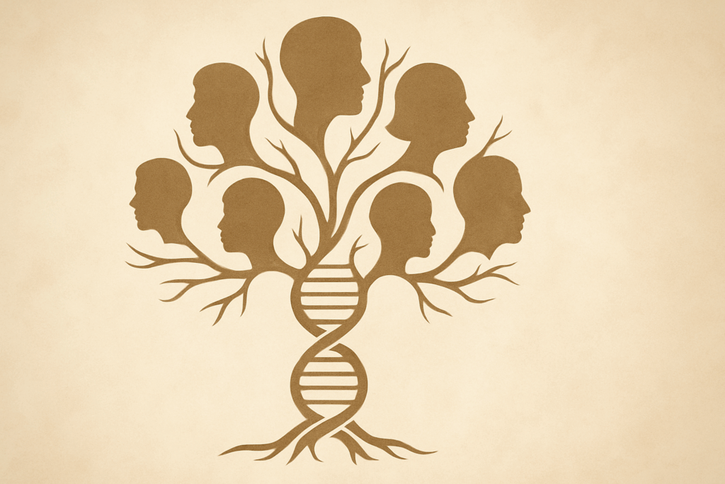 DNA-shaped family tree with human facial silhouettes in branches, symbolizing genetic influence in understanding and preventing facial sagging.