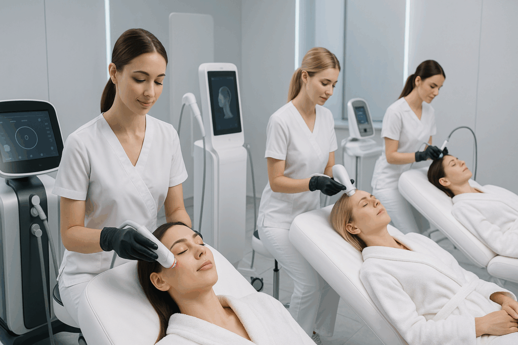 Futuristic aesthetic clinic with non-surgical treatments like radiofrequency and ultrasound, illustrating understanding and preventing facial sagging