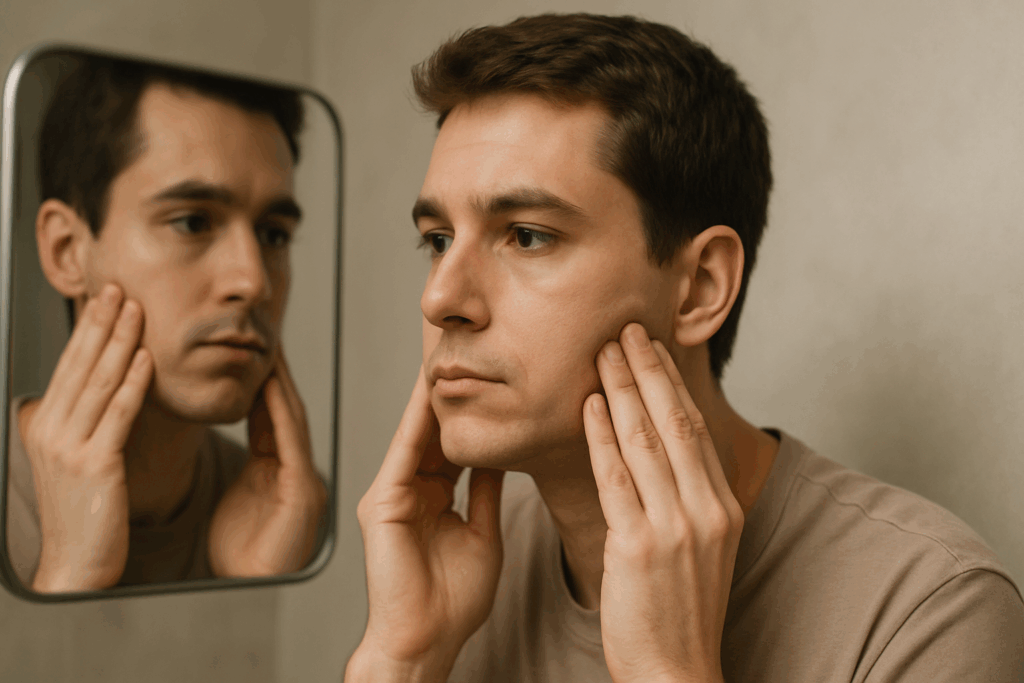 Young man examining early signs of sagging skin in the mirror, highlighting concerns about understanding and preventing facial sagging.