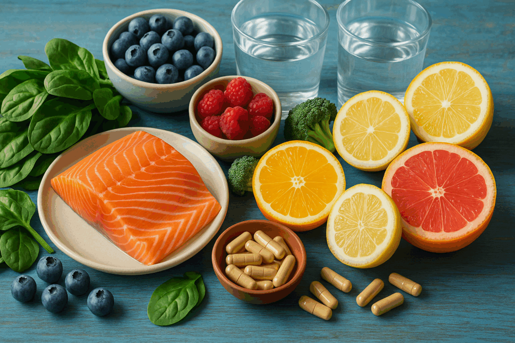 Nutrient-rich anti-aging foods including salmon, citrus, berries, leafy greens, and supplements for boosting hydration and thin skin resilience