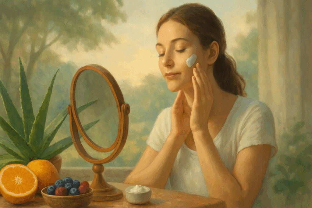 Woman applying gentle skincare in a mirror, surrounded by natural remedies for thin skin like aloe vera and vitamin C-rich fruits.