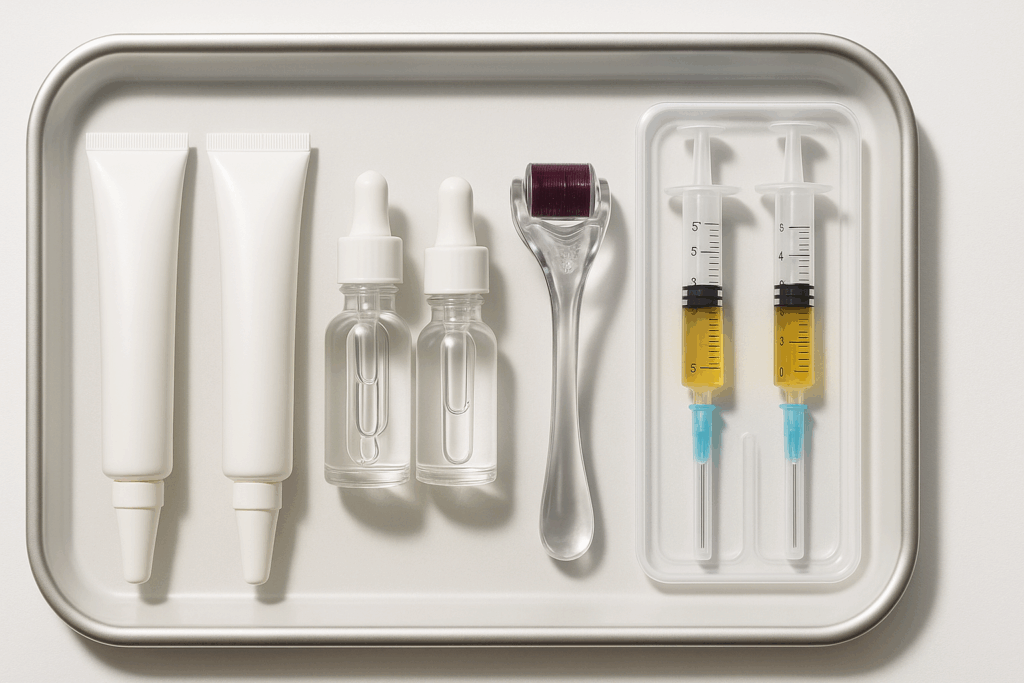 Clinical skincare tools for treating thin skin, including retinoid creams, peptide serums, microneedling roller, and PRP syringes on a dermatology tray