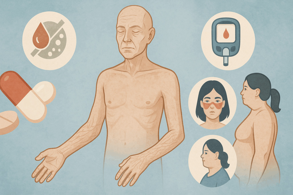 Digital illustration of a semi-transparent human body with thin skin on the arms and hands, surrounded by icons of medications and health conditions like diabetes, lupus, and Cushing’s syndrome.