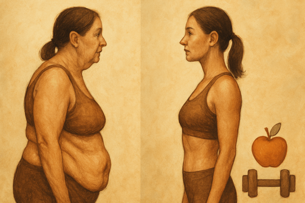 Side-by-side illustration of a woman’s body before and after waist training, showing sagging skin on one side and toned, tightened skin on the other
