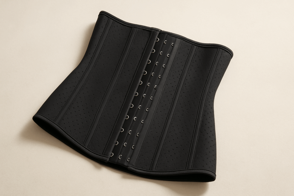 Black waist trainer garment laid flat on a neutral background, showcasing structure and materials used in waist training.