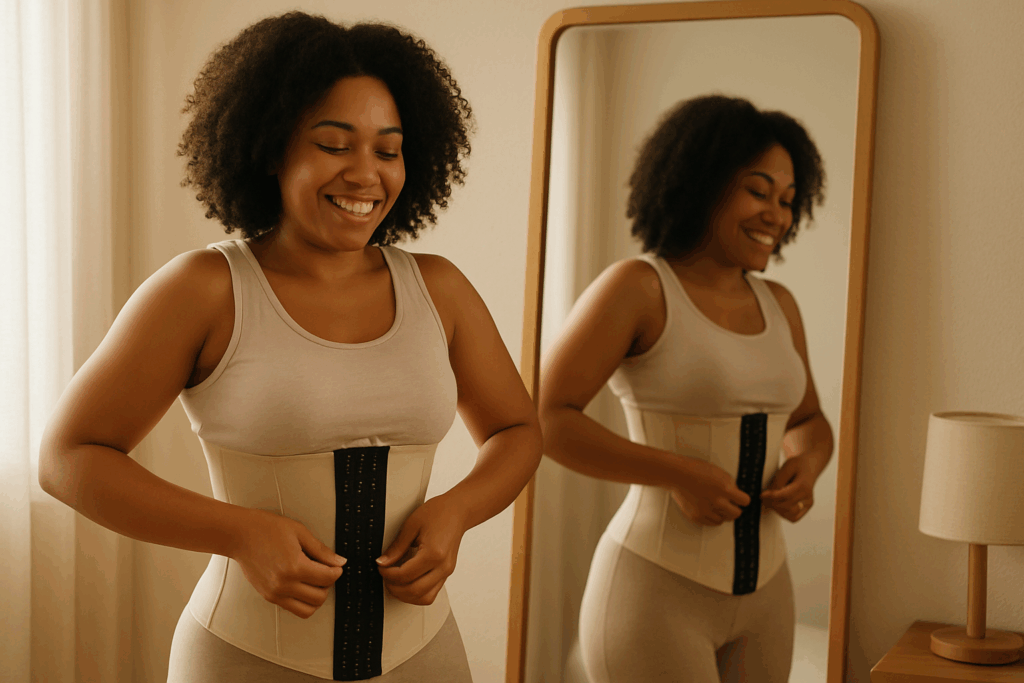 Smiling woman adjusting a waist trainer in front of a mirror, embracing self-care and confidence through waist training.