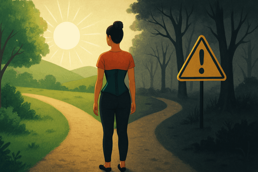 Woman wearing a waist training corset stands at a crossroads, choosing between a bright path of health and a dark, cautionary trail.