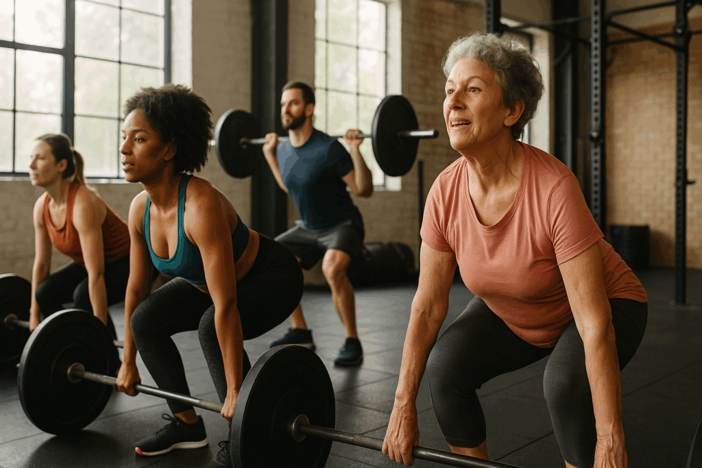 Diverse group of adults performing deadlifts and squats in a bright gym, showing strength-focused waist training for muscle support and skin tightening.