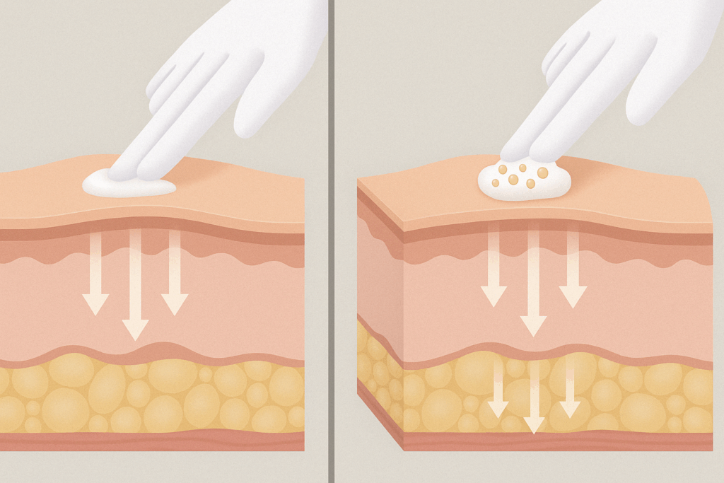 Cross-sectional skin diagram comparing fast-absorbing cream and microsphere delivery systems used in Tretinoin, Retinol, and Retin-A treatments