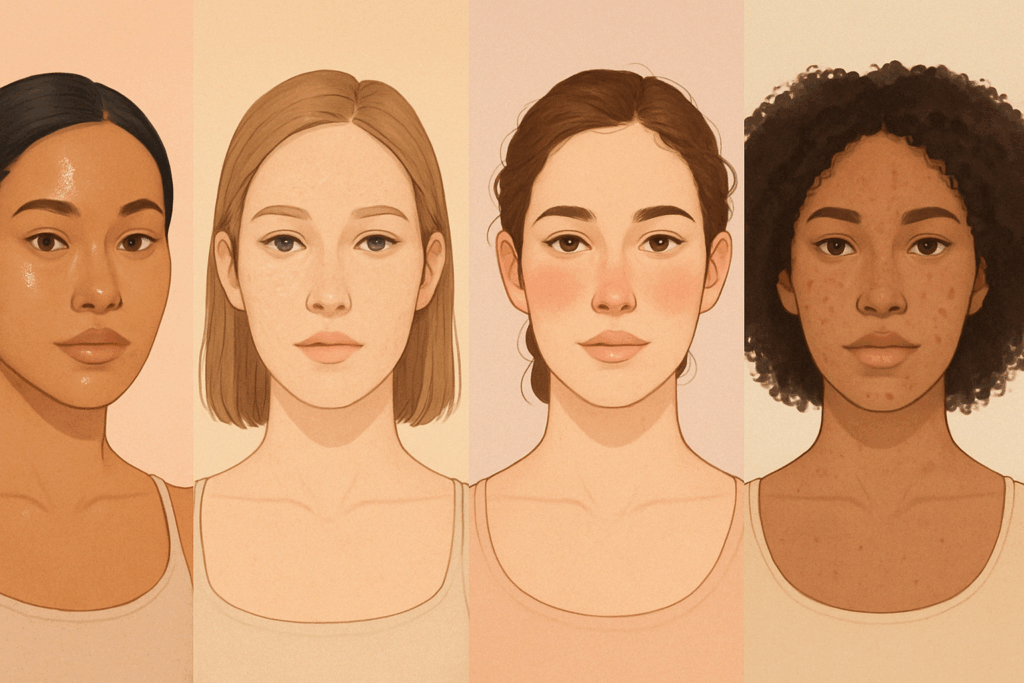 Illustrated female faces with oily, dry, sensitive, and acne-prone skin types, visualizing skincare needs for Tretinoin, Retinol, and Retin-A use