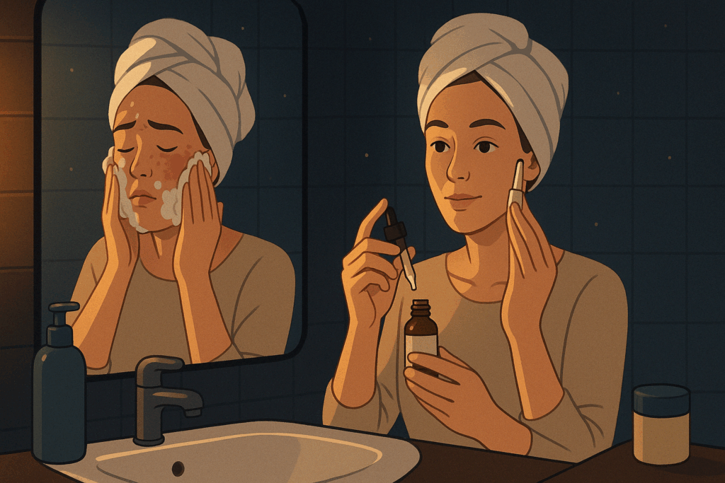 Nighttime skincare routine showing proper and improper use of Tretinoin, Retinol, and Retin-A, with one side of the face healthy and the other visibly irritated.