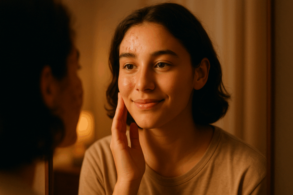 Young person with acne on one side and glowing skin on the other, symbolizing transformation through Tretinoin, Retinol, and Retin-A.