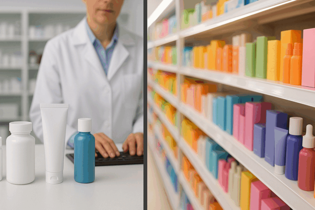 Clinical pharmacy counter with prescription products beside a retail skincare shelf of colorful OTC creams, illustrating accessibility and regulation differences in Tretinoin, Retinol, and Retin-A
