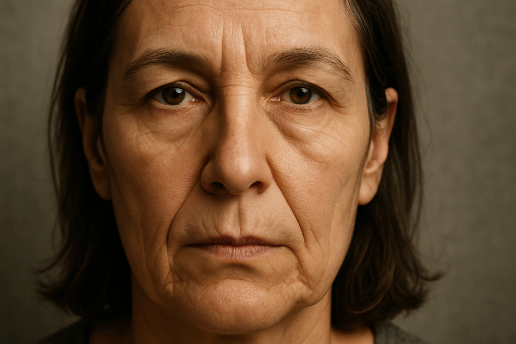 Middle-aged person with visible nasolabial folds, highlighting common types of face wrinkles around the mouth and nose.