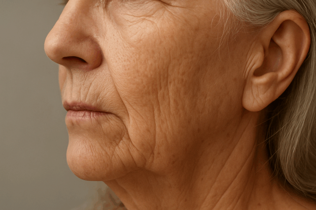 Close-up of a woman’s furrowed brow showing vertical glabellar lines and horizontal forehead creases, illustrating common types of face wrinkles.
